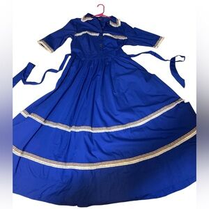 eSHAKTI Women's Blue Fit N Flare Midi Dress Sash Waist Custom Size L 12 Pockets